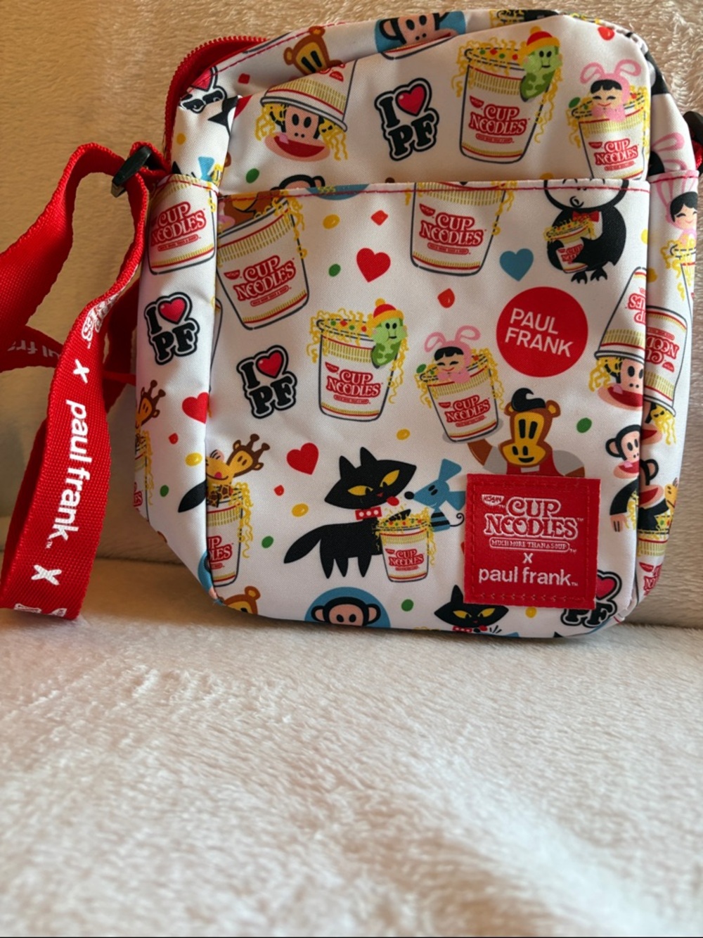 Paul Frank White Crossbody Bag with Red Strap & Multicolor Print